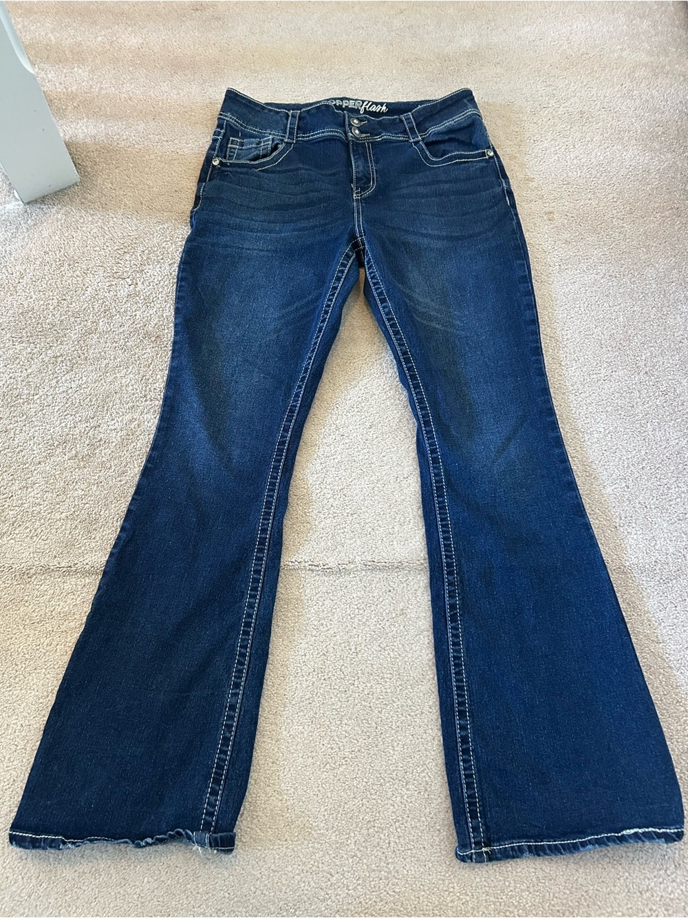 Dark Blue Flare Jeans with Gentle Whiskering and bedazzled back pockets